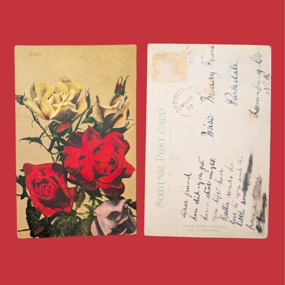 6/$15 Antique Gilded Postmarked Golden Age Floral Postcard Rose Bouquet - Picture 1 of 1